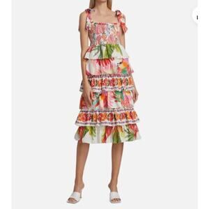 Farm Rio Tropical Floral Tiered Midi Dress Sz S Smocked Ruffle Boho QuietLuxury